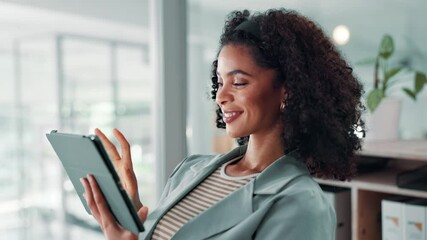 Poster - Business, smile and woman in workplace with tablet, PR company and communication. Person, employee and consultant with tech, social media management and message to contact with app for website info