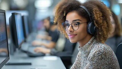 Female programmer working computer headphones tech office software developer modern workplace