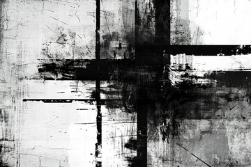 Poster - Abstract black and white textured painting featuring crossing brushstrokes and splatters