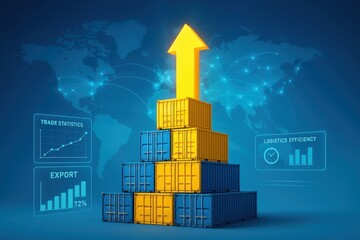 Poster - Shipping Container Growth: A vibrant stack of shipping containers rises, an arrow pointing upwards, symbolizing business development and global trade.