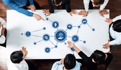 Aufkleber - A diverse group of professionals engages in a collaborative discussion on ethics in business, illustrated by visual symbols of justice and technology integration. Amity