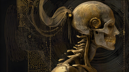 Poster - Golden Profile: A unique artistic depiction presents a captivating profile of a human figure intertwined with intricate technological elements.