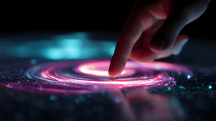 Poster - Digital Universe at Fingertips: A finger gently interacts with a holographic projection of a swirling galaxy.