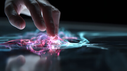 Poster - Digital Realm: A human finger interacts with a mesmerizing display of digital energy. The scene is a futuristic exploration of human interaction with advanced technology.