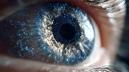 Poster - Digital Eye: Close-up of a human eye, showcasing intricate details and digital elements integrated within the iris, creating a futuristic and surreal image.