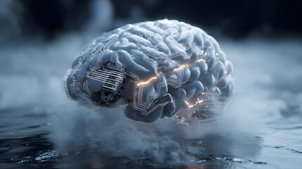 Poster - Brain in the Fog: A captivating digital rendering unveils the complex anatomy of the human brain, enveloped in an ethereal fog, sparking curiosity about the wonders of the mind.