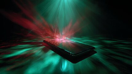Poster - technological innovation: a smartphone rests, bathed in the glow of innovation, where streaks of red