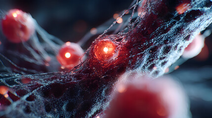 Poster - Medical Imagery: Microscopic detail of biological cell structure, with red spheres in a mesmerizing display of life and innovation. A stunning illustration of complex life.