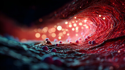 Poster - Blood Vessel Wave: Microscopic view of a blood vessel, resembling a wave with glowing particles, highlighting the intricate structure and flow within the circulatory system.