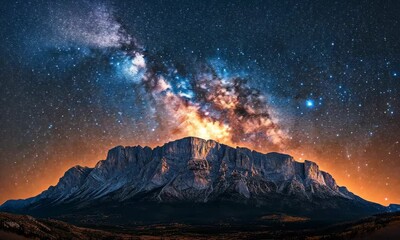 Wall Mural - Timelapse of majestic mountain silhouette under starry milky way sky at night