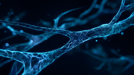 Poster - Microscopic marvel: A close-up perspective reveals the intricate network of a neural structure, rendered in captivating blue, set against a dark background.