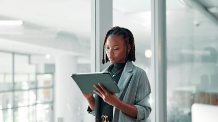 Aufkleber - Black woman, tablet and typing at office by window with scroll, review and perspective at company. Person, digital touchscreen and inspiration on app, click or project management at creative agency