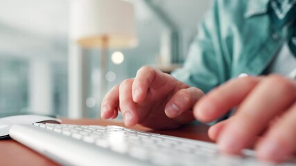 Leinwandbilder - Hands, keyboard and typing at office, closeup and creativity for newsletter with time management at company. Person, writer and editing process with computer, article or click at startup media agency