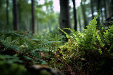 Poster - Close-up of lush green ferns and moss in a forest setting, creating a natural and tranquil atmosphere, representing serenity and the beauty of nature