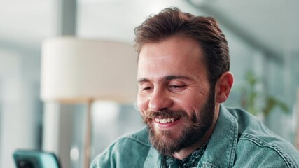 Aufkleber - Business, smile and man with smartphone, chatting and creative company with connection. Happy person, employee and designer with cellphone, social media and message to contact, email and digital app