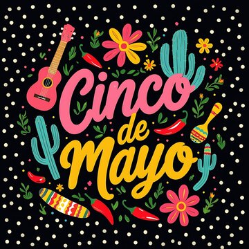Colorful Cinco de Mayo Art: Sombrero, Maracas, and Festive Decoration Elements