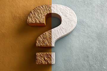Poster - Half-gold, half-white question mark on textured background, suggesting duality, uncertainty, or choice