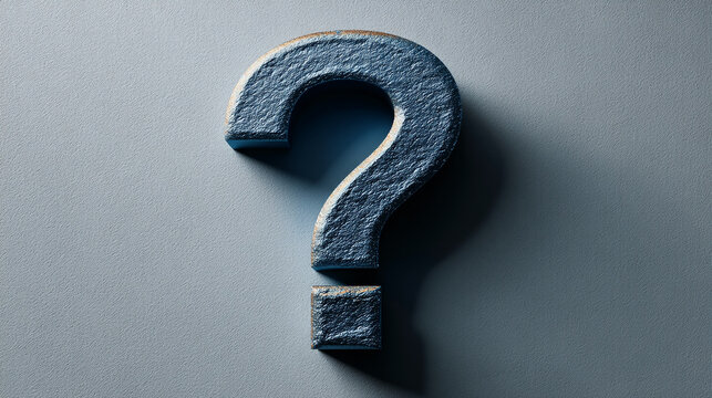 Dark-blue textured question mark on gray background, symbolic of inquiry, uncertainty, or the search for knowledge, suitable for websites or presentations