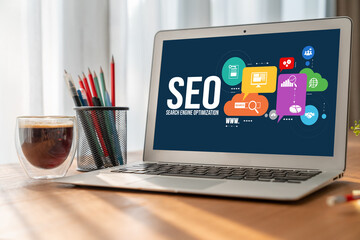 Poster - seo search engine optimization for modish e-commerce and online retail business showing on computer 