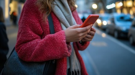 Poster - Woman hands using mobile smartphone in the street with icon social media and social network.