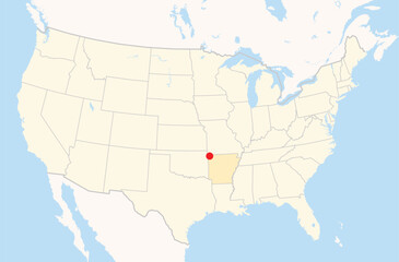  Location Map of the city Bentonville in Arkansas, USA. The state is marked orange and the city is highlighted with a red dot. No labels at all.