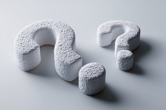Textured white question marks, 3D rendered,  represent uncertainty, inquiry, or problem-solving concepts