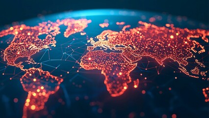 Poster - A futuristic glowing map of the world, showcasing interconnected networks and digital communication pathways