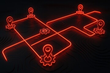 Fototapete - Red Network Roadmap: A sleek, graphic illustration of a network map with pin location markers, tracing a course of connectivity. Featuring dynamic lines and gears.