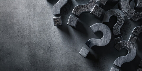 Poster - Dark gray textured background with scattered metallic question marks, creating a dramatic and inquisitive mood, suitable for mystery or inquiry themes