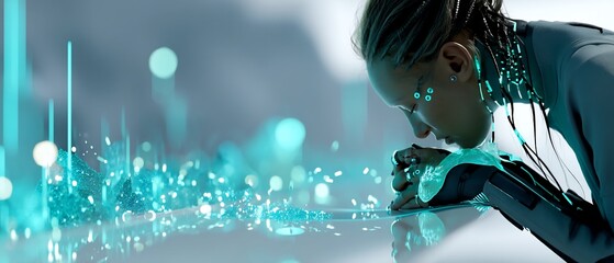 Poster - A futuristic person in contemplation, with digital lights and cyborg elements