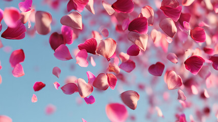 Poster - Pink rose petals falling on light-blue background, creating romantic and delicate atmosphere, perfect for Valentine's Day or spring themes