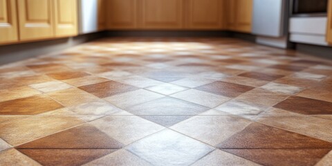 Poster - Flooring design showcases decorative tiles in a well-lit modern kitchen with wooden cabinets