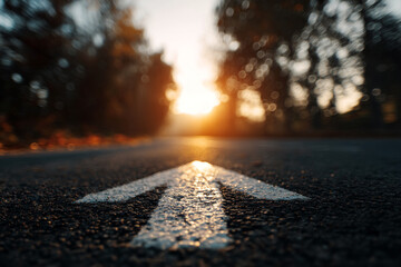 Poster - Close-up of asphalt road texture with white arrow, bathed in warm sunset light, symbolizing direction, journey, and progress