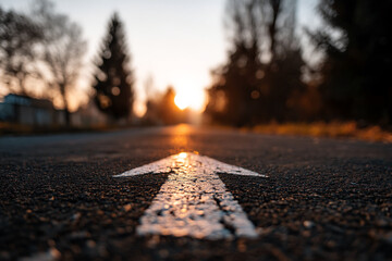 Poster - Close-up of asphalt road texture with white arrow, sunset background, blurry trees, symbolizing direction, journey, and future