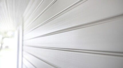 Poster - Close-up view of textured white siding showcasing craftsmanship and design on a sunny day near a residential area