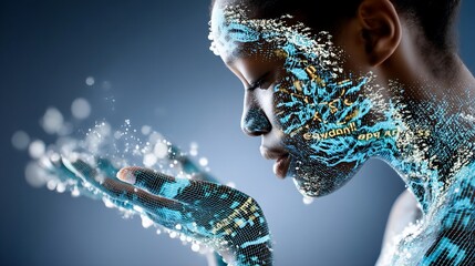 Poster - Cybernetic woman blowing digital particles. Blue light, dark skin, and futuristic design