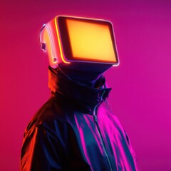 Poster - Futuristic figure stands with a glowing television head against a vibrant purple and pink background