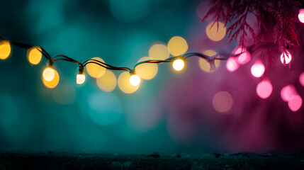 Poster - String lights illuminate a dark background, creating warm and cool bokeh effects, showcasing a festive and magical atmosphere, ideal for holiday or celebratory designs
