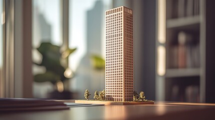 Poster - Detailed Architectural Model of a Skyscraper on a Wooden Base in Bright Interior