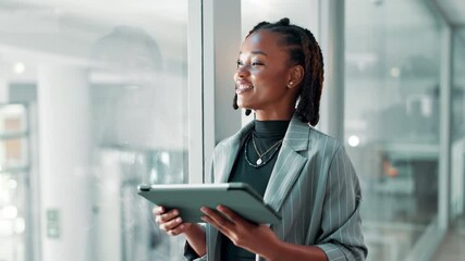 Aufkleber - Black woman, tablet and thinking at office by window with scroll, review and perspective at company. Person, digital touchscreen and inspiration on app, click or project management at creative agency