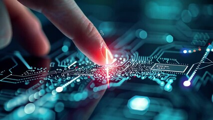 Poster - A closeup of a human hand gently touching a glowing media interface displaying intricate circuitry in a softly lit environment at night, illustrating interaction with technology
