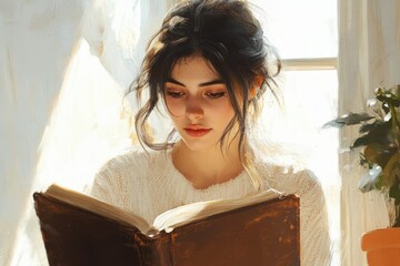 Poster - A young woman with dark hair sits by a window, engrossed in reading a large, antique book.