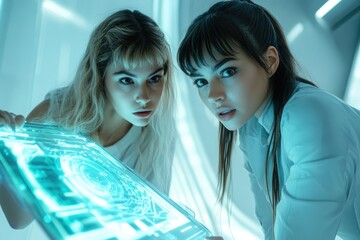 Aufkleber - Two women intently examine a futuristic, glowing, translucent digital interface, showcasing advanced technology.