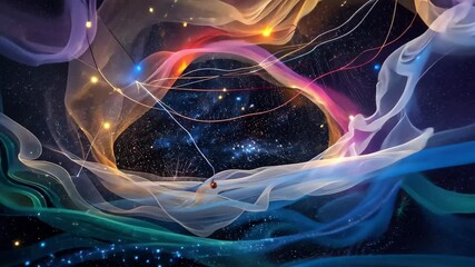 Poster - Ethereal threads intricately weave through a cosmic loom, creating a mesmerizing tapestry of colors and light against the backdrop of a boundless universe filled with stars