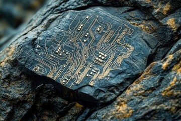 Fototapete - A circuit board embedded in a dark rock, symbolizing the origins of technology in nature.