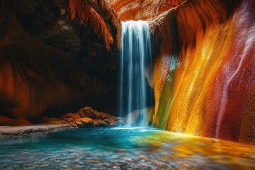 Aufkleber - A hidden waterfall cascades into a vibrant turquoise pool, surrounded by richly colored canyon walls.