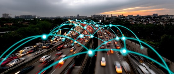 Poster - Traffic on a highway with network nodes overlayed, symbolizing smart city connectivity, during sunset