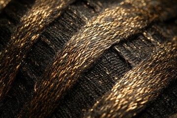 Aufkleber - Close-up of luxurious black fabric interwoven with gold threads, showcasing intricate texture and detail.