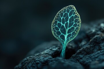 Aufkleber - A glowing, intricate leaf emerges from dark soil, symbolizing growth, resilience, and the beauty of nature.