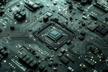 Aufkleber - Close-up of a circuit board showcasing intricate wiring and a central processor.